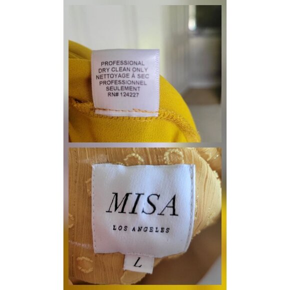 MISA Revolve Dress LILIAN Mini Yellow Safron Polka Dot Textured Ruffle L - Picture 8 of 9